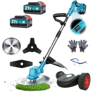 21v electric weed wacker cordless, weed eater battery powered with 2x3.0ah batteries & 3 types blades, brushless motor weed trimmer cordless grass trimmer for lawn garden work (blue)