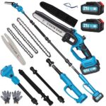 2 in 1 electric pole saws for tree trimming, 6" & 8" cordless power saw with extension pole, two 21v 2x3.0ah batteries for wood cutting (blue, 6 in & 8 in)