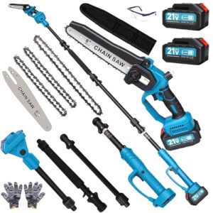 2 in 1 electric pole saws for tree trimming, 6" & 8" cordless power saw with extension pole, two 21v 2x3.0ah batteries for wood cutting (blue, 6 in & 8 in)