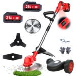 21v electric weed wacker cordless, weed eater battery powered with 2x3.0ah batteries & 3 types blades, brushless motor weed trimmer cordless grass trimmer for lawn garden work (red)