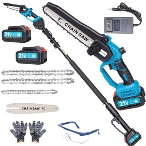 2 in 1 cordless pole saw & mini chainsaw, 6" & 8" electric tree trimmer with extension pole, handheld chain saw for branch cutting, gift for men, dad, father or husband (blue)