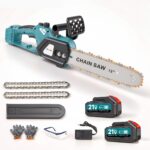 12" brushless electric chainsaw cordless, 21v battery powered power saw with 2x3.0ah batteries & 2 chains, heavy duty handheld chainsaw for tree trimming & wood cutting