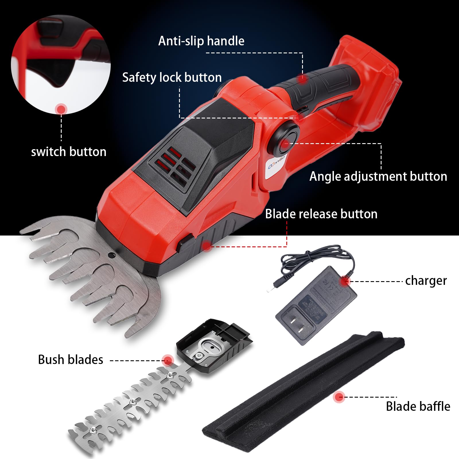 cordless hedge trimmer, 2 in 1 hedge trimmer, electric hedge trimmer with battery and charger included, cordless grass shear & shrubbery trimmer for gardens, yards and lawns (red) cordless hedge trimmer, 2 in 1 hedge trimmer, electric hedge trimmer with battery and charger included, cordless grass shear & shrubbery trimmer for gardens, yards and lawns (red)